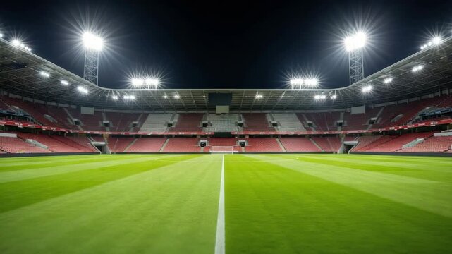grand empty sports stadium glows under powerful floodlights at night The pristine green pitch with white markings leads to goal surrounded by vast unoccupied red and white tiered seating
