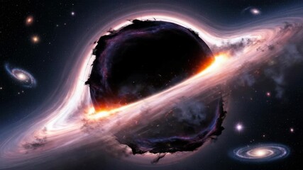 colossal black hole dominates the cosmos surrounded by brilliant glowing accretion disk Distant spiral galaxies and countless stars pepper the dark vast expanse of space distorted by gravity - Powered by Adobe