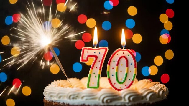 A festive 70th birthday cake with candles and a sparkler on top