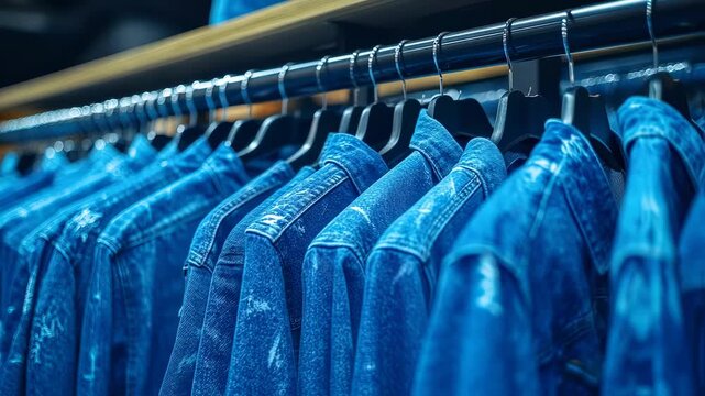 Display of Various Denim Jackets on Hangers in a Fashion Store, Clothes on Sale, Denim Collection