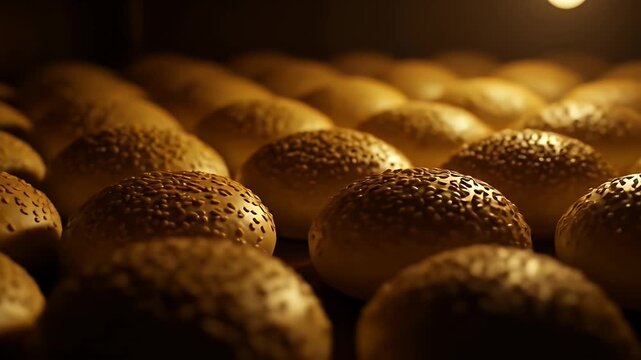 Freshly baked golden brown burger buns with sesame seeds, arranged in neat rows, are captured under warm lighting, showcasing textures and details of the bread.
