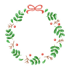 水彩で描いた赤いリボン付きのボタニカルフレーム（リース風）