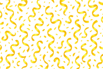 Falling gold confetti and festive streamers for celebration and party events over transparent background