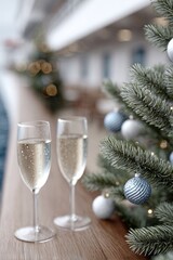 Two glasses of champagne and a decorated Christmas tree on a wooden surface with soft festive bokeh lights. Elegant holiday scene evoking a sense of celebration and luxury