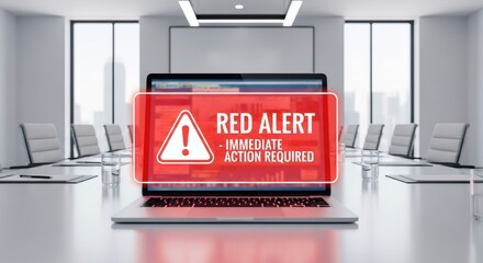 Red alert message for immediate action required on laptop in conference room. Cybersecurity threat concept for data protection.