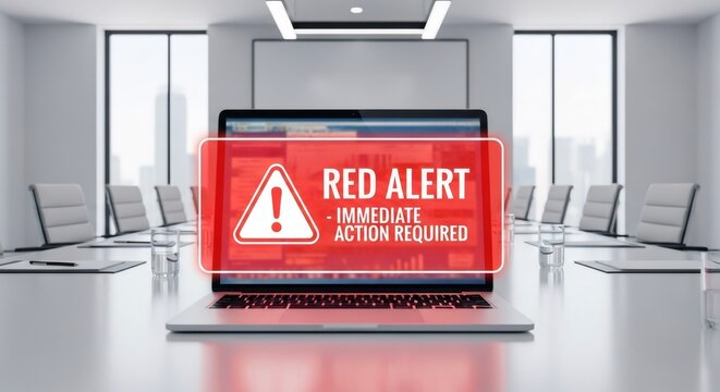 Red alert message for immediate action required on laptop in conference room. Cybersecurity threat concept for data protection.