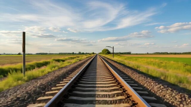 straight railway track extends through expansive green and golden fields under vast blue sky with scattered clouds Sunlight casts long shadows on the sleepers leading towards distant trees
