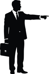 Obraz premium Silhouette businessman pointing direction holding briefcase in formal suit professional career success guiding strategy vector