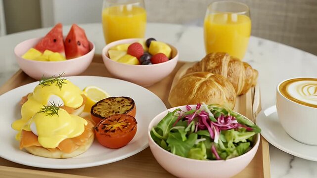 Delicious breakfast spread features eggs benedict with salmon, fresh fruit, pastries, coffee, and orange juice, all elegantly arranged on a wooden tray.