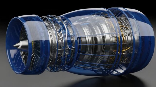 Detailed cutaway jet engine with translucent blue shell exposing intricate internal components multi-stage fan blades compressor sections metallic structures piping and yellow wiring
