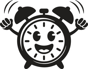 Retro cartoon alarm clock character waking up and ringing loudly