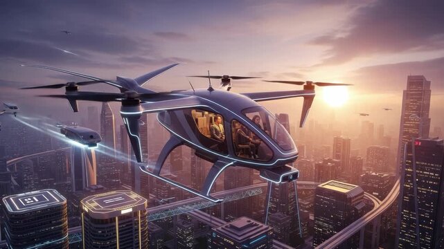 futuristic dark eVTOL with glowing white trim carrying two occupants and cargo soars above vast metropolis at sunset Towering skyscrapers elevated skyways and other flying vehicles fill the vibrant bu
