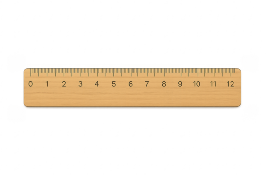 Wooden ruler measuring length with numbers on transparent background