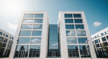 Fototapeta premium Modern white office building with reflective glass facade under blue sky