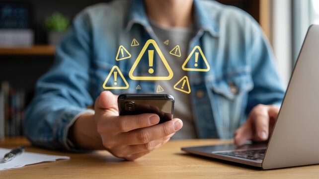 Urgent security alerts flashing on mobile phone screen as person works on laptop, cyber threat detected, warning signs, vulnerability found online