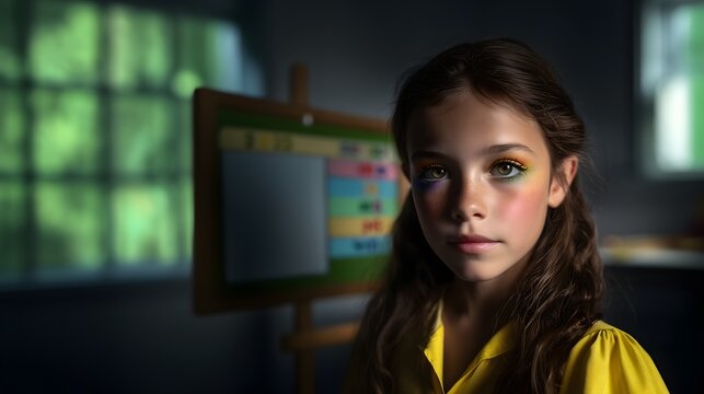 Ultratight closeup of young girl with watercolor paint on cheeks and bright hazel eyes in classroom