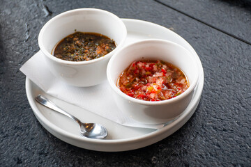 chimichurri sauce and vinaigrette garnishes