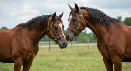 Fototapeta premium Two beautiful arabian horses standing together in a green pasture on a farm