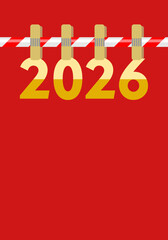 Colorful design featuring the year 2026 displayed on a bright red background with decorative clothespins