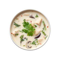 Creamy Coconut Chicken Soup with Herbs and Spices in a White Bowl for Food Photography
