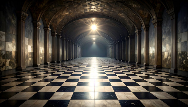 Majestic arched hallway with checkered floor illuminated by soft light, symbolizing mystery and perspective.
