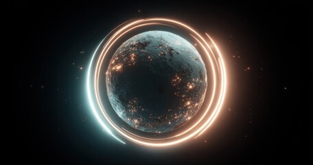 A planet with city lights encircled by glowing rings against a dark cosmos