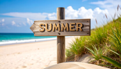 Sunny tropical beach scene with summer wooden sign, inviting families to relax, explore, and enjoy the vacation together.