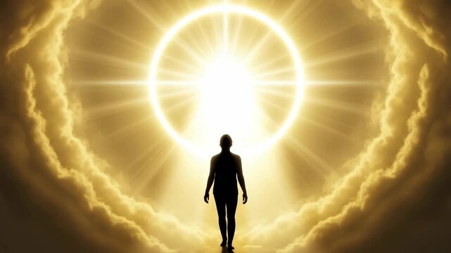solitary human silhouette advances into brilliant radiant golden light encircled by luminous ring within dramatic otherworldly tunnel formed by swirling golden clouds