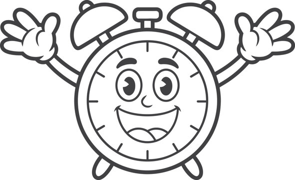 Happy cartoon alarm clock with arms raised in excitement