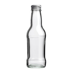 Transparent glass bottle with a silver cap suitable for beverages, sauces, or dressings in a clean, minimalist setting