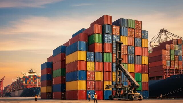 busy shipping port at sunset shows towering stacks of vibrant containers massive cargo ships docked reach stacker moving goods and workers overseeing operations under colorful sky