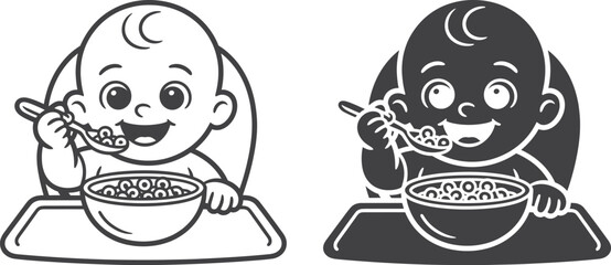 Happy baby eating cereal in high chair line art and silhouette