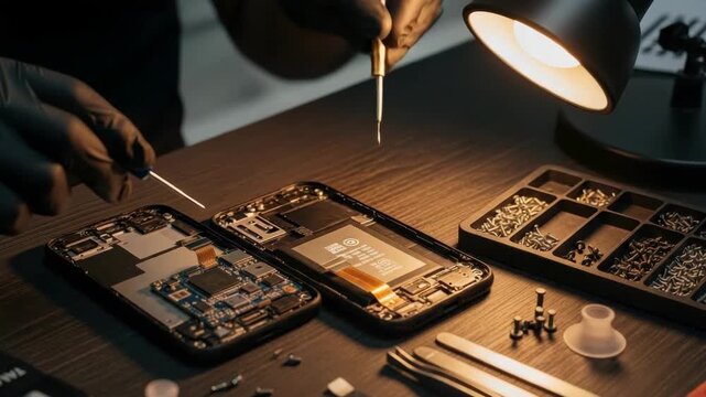 person in black gloves repairs two opened mobile devices One reveals an intricate motherboard; the other battery Tools like screwdrivers tweezers screws and lamp are on the wooden table