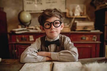 A bespectacled boy in a bow tie is seated at a desk