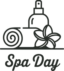Spa day icon with rolled towel spray bottle and flower illustration