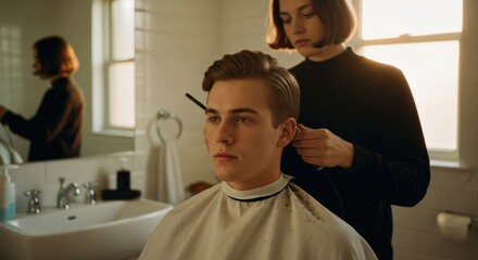 Woman trims young man's hair in a sunlit home bathroom