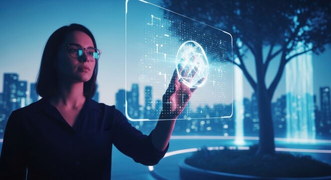 Woman interacts with glowing holographic display in futuristic urban setting - Powered by Adobe