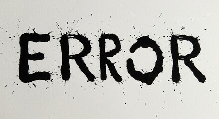 Spilled black ink forming the word “error” on white paper, symbolizing mistake, accident, or failure in a creative and artistic way.
