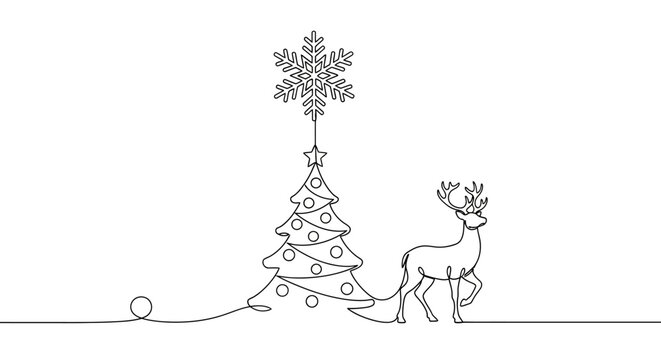 Elegant Christmas Tree with Ornaments, Snowflake Topper, and Reindeer in a Continuous Line Art Illustration for Holiday Decoration
