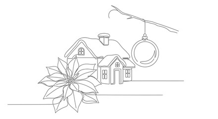 Fototapeta premium Minimalist single line art illustration of a cozy winter home decorated for Christmas with a beautiful poinsettia and festive bauble