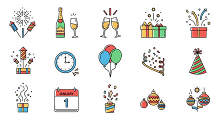 New Year's Eve Celebration Icons Fireworks, Champagne, Gifts, Party Hats, Balloons, Ornaments, and Calendars for Festive Events