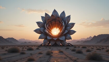 Oversized mechanical flower opening in steel desert at sunrise