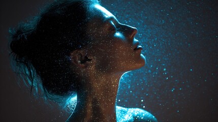 A woman with eyes closed, illuminated by blue light and sparkles, a spiritual or ethereal portrait