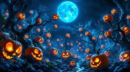 Biomechanical pumpkin forest glowing with neon veins under toxic moonlight 
