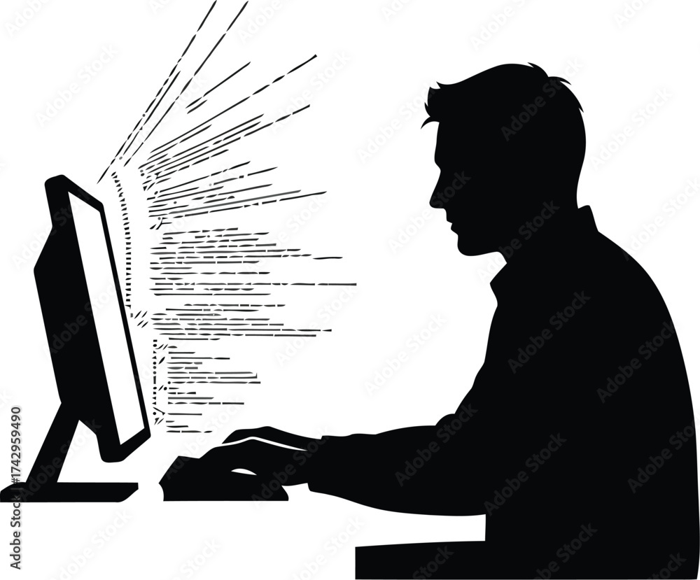Wall mural man working on computer silhouette with radiating lines symbolizing data or ideas modern digital wor