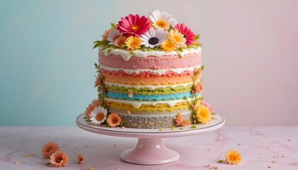 Rainbow layered cake with flowers on cake stand
