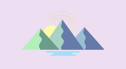 flat vector icon of a mountain with sun, landscape theme, pastel palette