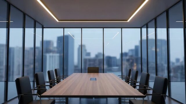 sleek modern conference room features long wooden table black chairs and floor-to-ceiling windows overlooking blurred city skyline Linear lights illuminate the minimalist professional meeting space