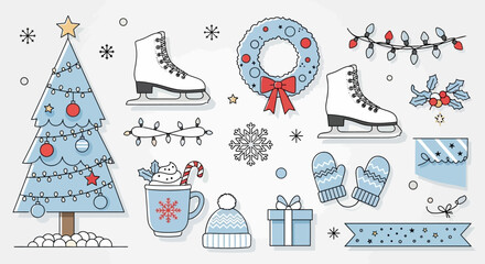 Festive Winter Holiday Icons Christmas Tree, Ice Skates, Wreath, and Decorations - Perfect for Seasonal Designs and Celebrations