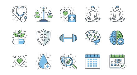 Medical and health icons for wellness, healthcare, fitness, and research with symbols of a stethoscope, balance, heart, pills, and brain-related imagery